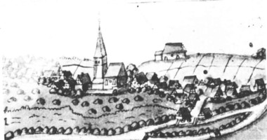 Burgstall 1686 mit alter Kelter (1856 abgebrochen)